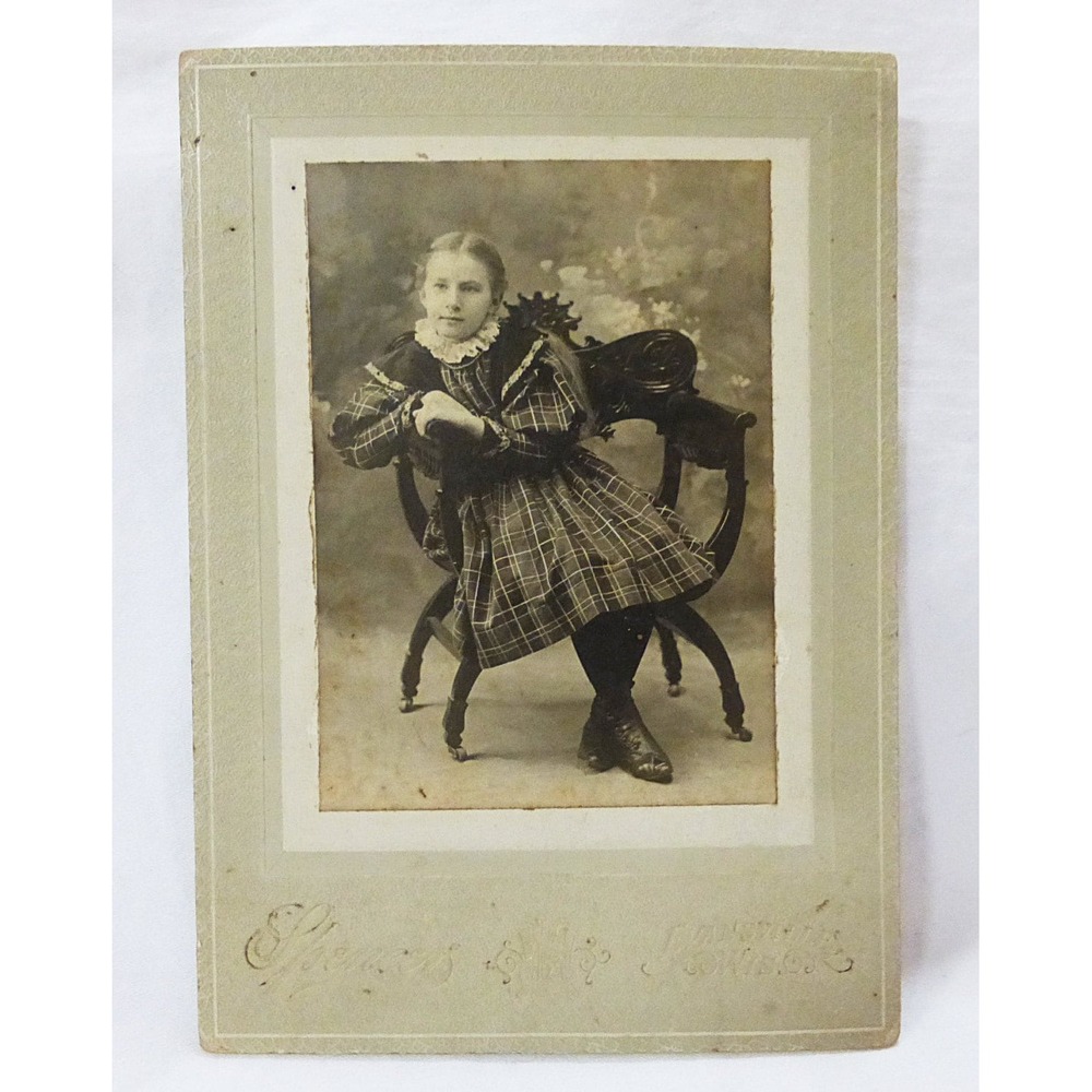 Antique photograph cabinet card girl child in plaid dress sitting on chair 1897